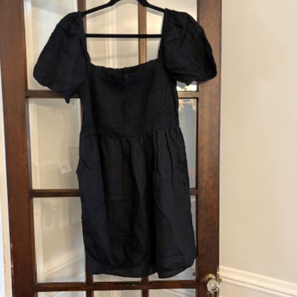 J.Crew Puff-Sleeve Smocked Linen Mini Dress in Black, size Large